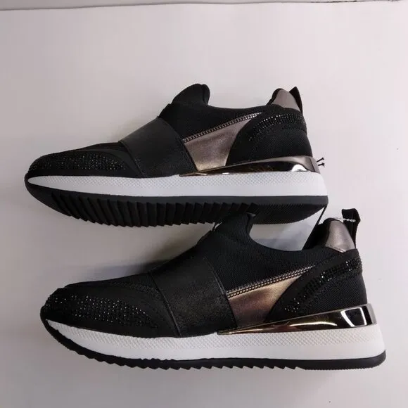 Nine West Black Slip On Sneakers Metallic Accent Rhinestones Size 6M