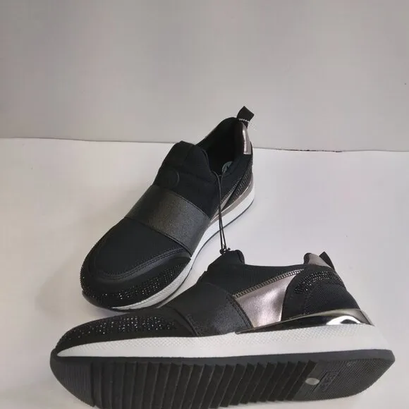 Nine West Black Slip On Sneakers Metallic Accent Rhinestones Size 6M