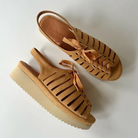 NWOB L’Amour Des Pieds Amarli Ribbon Lace Up Sandal in Tan / Cognac Nubuck 8