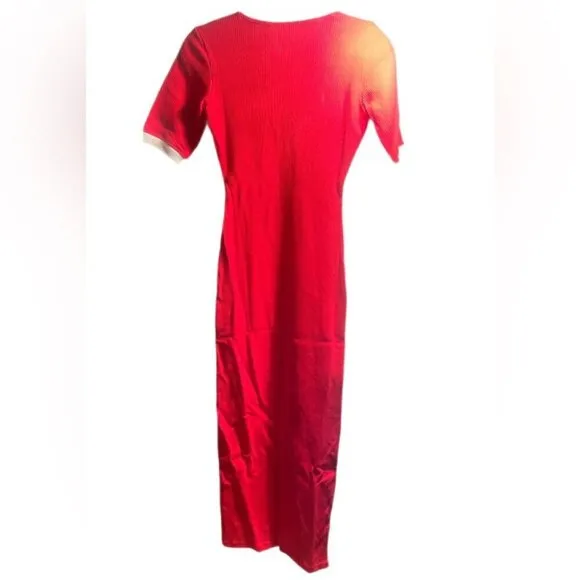 NWT Adidas Red V-Neck 3 Stripes Short Sleeve Athletic Stretch Bodycon Dress XS