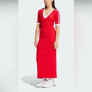 NWT Adidas Red V-Neck 3 Stripes Short Sleeve Athletic Stretch Bodycon Dress XS