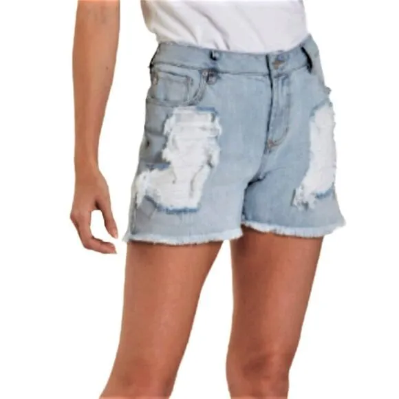 NWT DEAR JOHN Ava High Rise Raw Hem Missing Pocket Destructed Denim Shorts