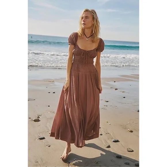 NWT Free People Feeling Bonita Dress Midi Flowy Summer Boho in Mocha Brown
