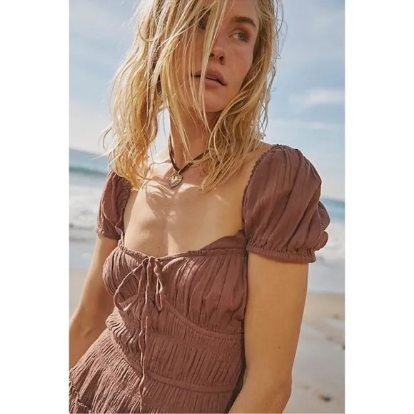 NWT Free People Feeling Bonita Dress Midi Flowy Summer Boho in Mocha Brown