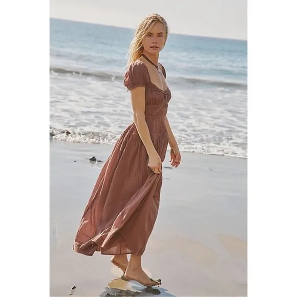 NWT Free People Feeling Bonita Dress Midi Flowy Summer Boho in Mocha Brown