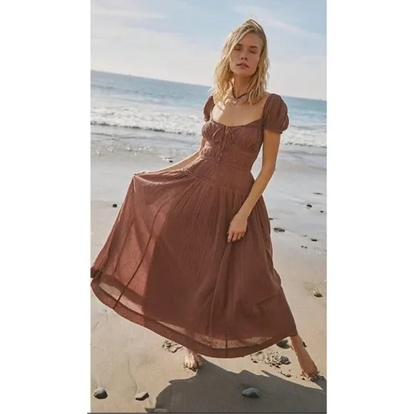 NWT Free People Feeling Bonita Dress Midi Flowy Summer Boho in Mocha Brown
