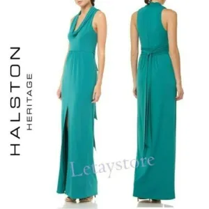 NWT HALSTON HERITAGE Draped Cowl Neck Front Slit Gown Cocktail Party Maxi Dress