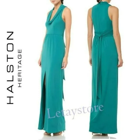 NWT HALSTON HERITAGE Draped Cowl Neck Front Slit Gown Cocktail Party Maxi Dress