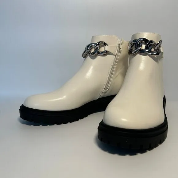 NWT INC Basia Faux Leather Lugged Sole Ankle Boots Women's Size 8 White Smooth
