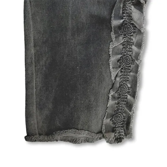 NWT POL Ruffle Side Crochet Trim Mid Rise Cropped Gray Denim Jeans