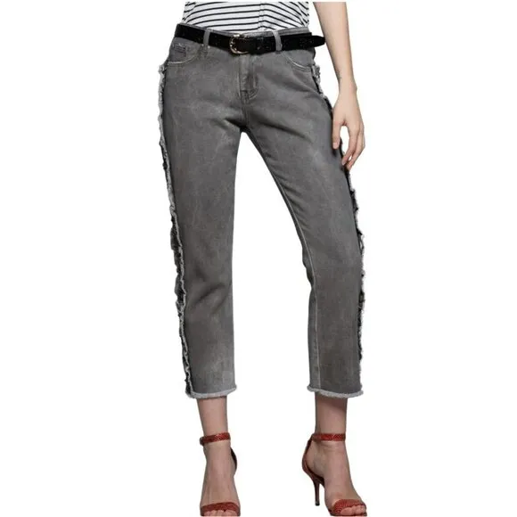 NWT POL Ruffle Side Crochet Trim Mid Rise Cropped Gray Denim Jeans