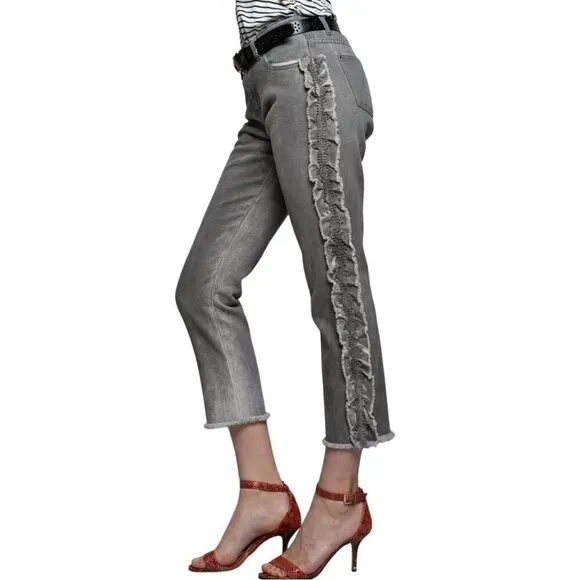 NWT POL Ruffle Side Crochet Trim Mid Rise Cropped Gray Denim Jeans