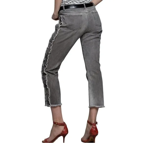 NWT POL Ruffle Side Crochet Trim Mid Rise Cropped Gray Denim Jeans