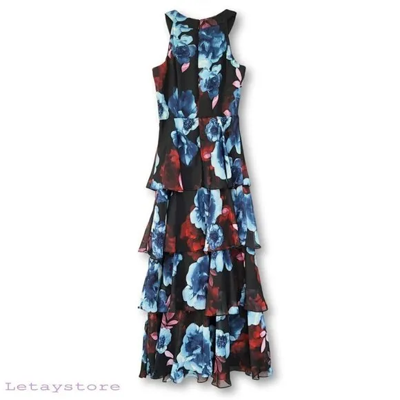NWT S.L.Fashions Sleeveless Floral Print Flowing Ruffle Tiered Party Maxi Dress