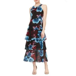 NWT S.L.Fashions Sleeveless Floral Print Flowing Ruffle Tiered Party Maxi Dress