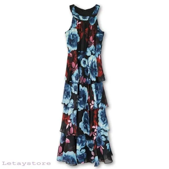 NWT S.L.Fashions Sleeveless Floral Print Flowing Ruffle Tiered Party Maxi Dress