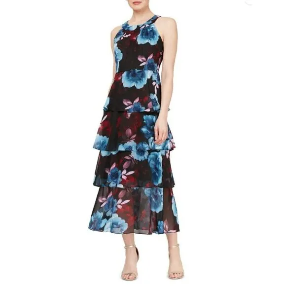 NWT S.L.Fashions Sleeveless Floral Print Flowing Ruffle Tiered Party Maxi Dress
