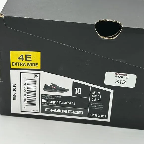 NWT Under Armour Charged Pursuit 3 Running Shoes Mens Size 10 4E Extra Wide $70