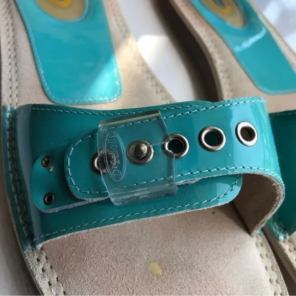 Nwt Vintage Dr Sholl's Turquoise Patent Leather Slip-on Sandals Clear Sole