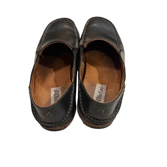 Olukai Moloa Men's 10M Black Waxed Nubuck Leather Slip-On Loafer Slipper Shoes