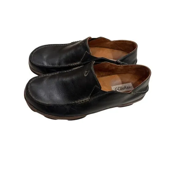 Olukai Moloa Men's 10M Black Waxed Nubuck Leather Slip-On Loafer Slipper Shoes