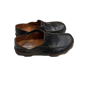 Olukai Moloa Men's 10M Black Waxed Nubuck Leather Slip-On Loafer Slipper Shoes