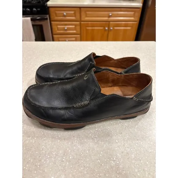 Olukai Moloa Men's 10M Black Waxed Nubuck Leather Slip-On Loafer Slipper Shoes