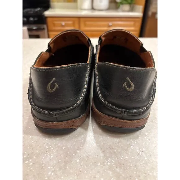 Olukai Moloa Men's 10M Black Waxed Nubuck Leather Slip-On Loafer Slipper Shoes