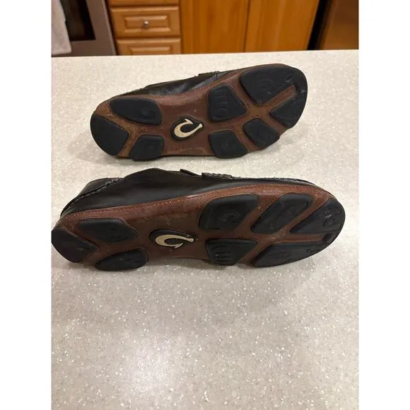 Olukai Moloa Men's 10M Black Waxed Nubuck Leather Slip-On Loafer Slipper Shoes