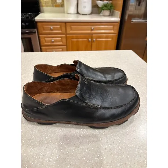 Olukai Moloa Men's 10M Black Waxed Nubuck Leather Slip-On Loafer Slipper Shoes