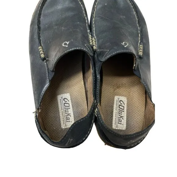 Olukai Moloa Slipper Size 8.5 Black Leather Casual Loafers Shoes 10128-4033