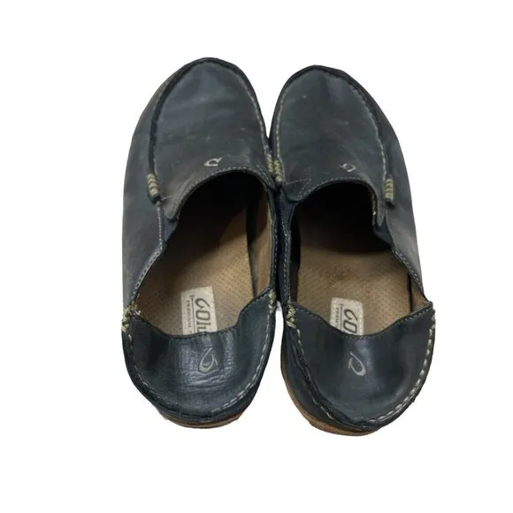 Olukai Moloa Slipper Size 8.5 Black Leather Casual Loafers Shoes 10128-4033