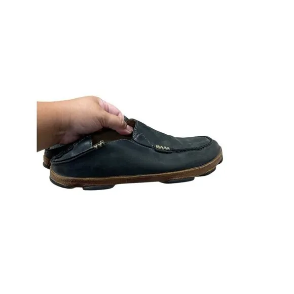 Olukai Moloa Slipper Size 8.5 Black Leather Casual Loafers Shoes 10128-4033