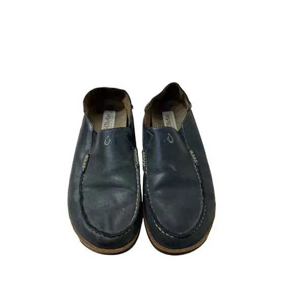 Olukai Moloa Slipper Size 8.5 Black Leather Casual Loafers Shoes 10128-4033