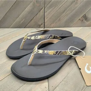 Olukai Ho'opio Leather Flip Flop Sandals Womens Size 7‎ Brown Casual Snake Print