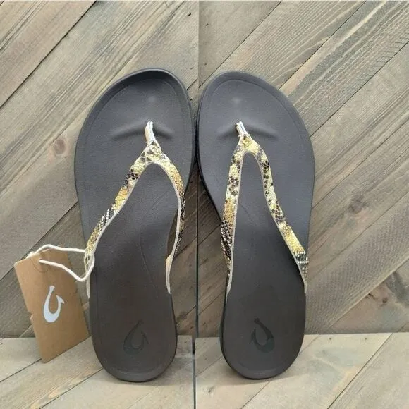 Olukai Ho'opio Leather Flip Flop Sandals Womens Size 7‎ Brown Casual Snake Print
