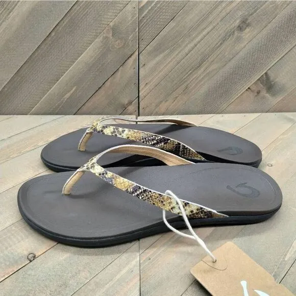 Olukai Ho'opio Leather Flip Flop Sandals Womens Size 7‎ Brown Casual Snake Print