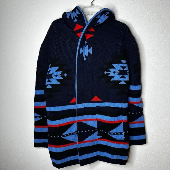 One‎ in a Million Hooded Cardigan for Men Navy Blue Red Black Aztec Size Large