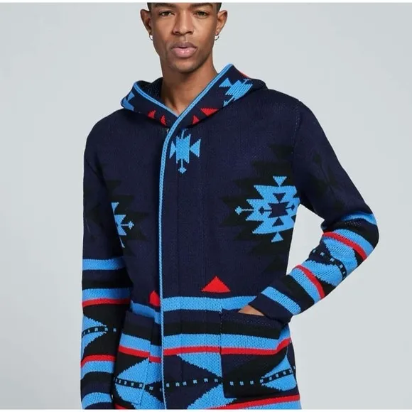 One‎ in a Million Hooded Cardigan for Men Navy Blue Red Black Aztec Size Large