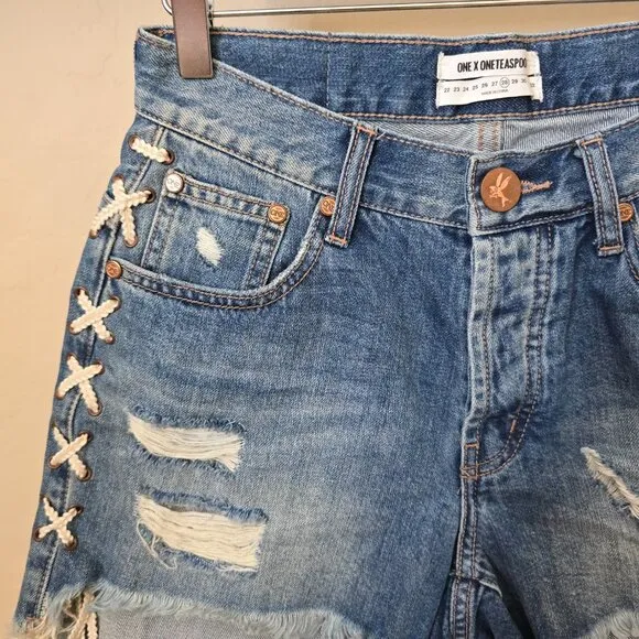 One Teaspoon Blue Buoy Hawks High-Rise Lace-Up Denim Shorts NWT Sz 28