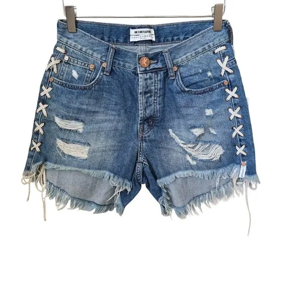 One Teaspoon Blue Buoy Hawks High-Rise Lace-Up Denim Shorts NWT Sz 28