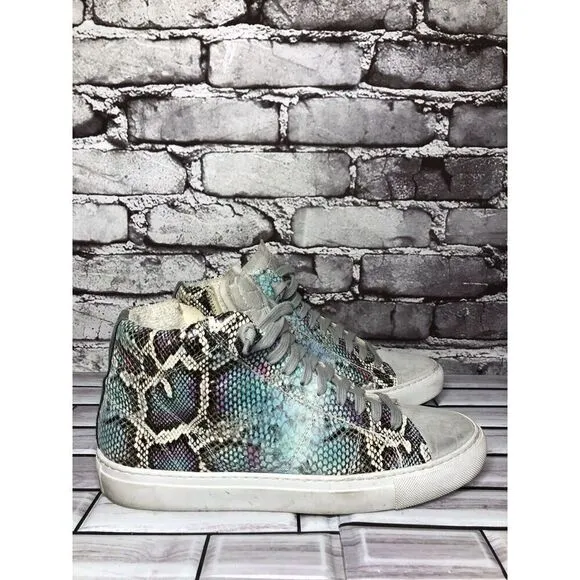 P448 Blue Leather Snake Lace Up Casual Side Zip High Top Sneakers Shoes Women 39