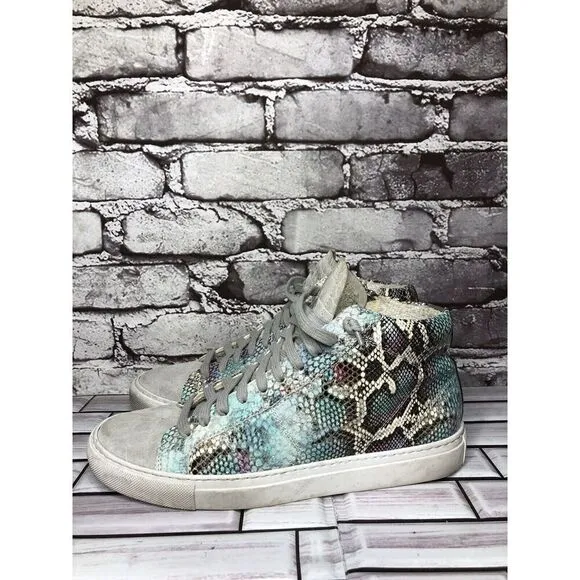 P448 Blue Leather Snake Lace Up Casual Side Zip High Top Sneakers Shoes Women 39