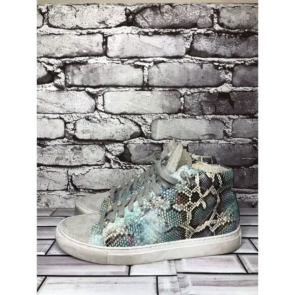 P448 Blue Leather Snake Lace Up Casual Side Zip High Top Sneakers Shoes Women 39
