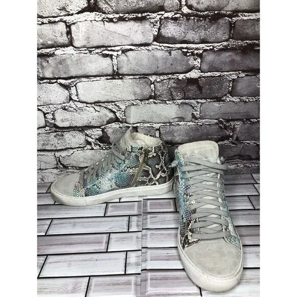 P448 Blue Leather Snake Lace Up Casual Side Zip High Top Sneakers Shoes Women 39