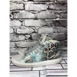 P448 Blue Leather Snake Lace Up Casual Side Zip High Top Sneakers Shoes Women 39