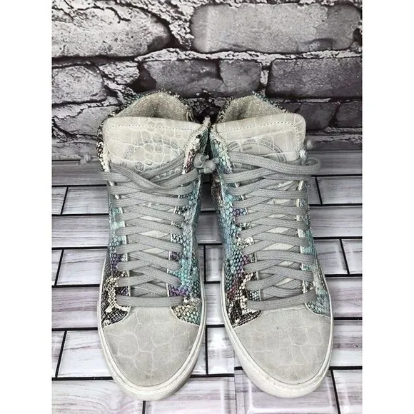 P448 Blue Leather Snake Lace Up Casual Side Zip High Top Sneakers Shoes Women 39