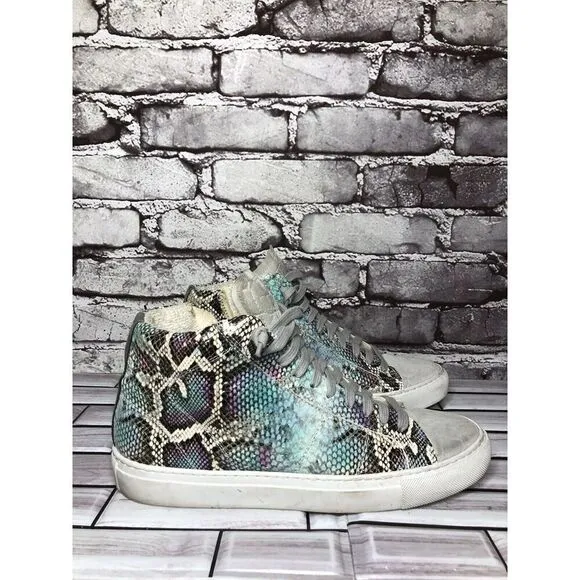 P448 Blue Leather Snake Lace Up Casual Side Zip High Top Sneakers Shoes Women 39