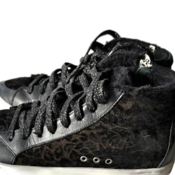 P448 Skate Boster Womens Sz 8.5 Leopard Leather Faux Fur Sneakers
