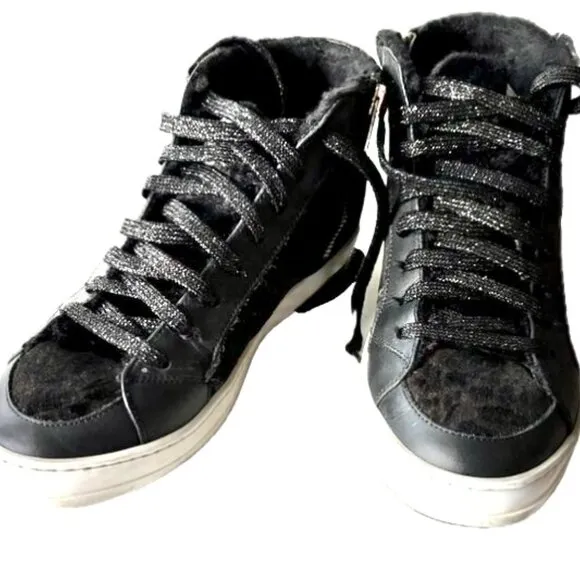 P448 Skate Boster Womens Sz 8.5 Leopard Leather Faux Fur Sneakers